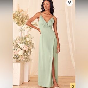 LULUs Outstanding Elegance Sage Green Satin Surplice Maxi Dress